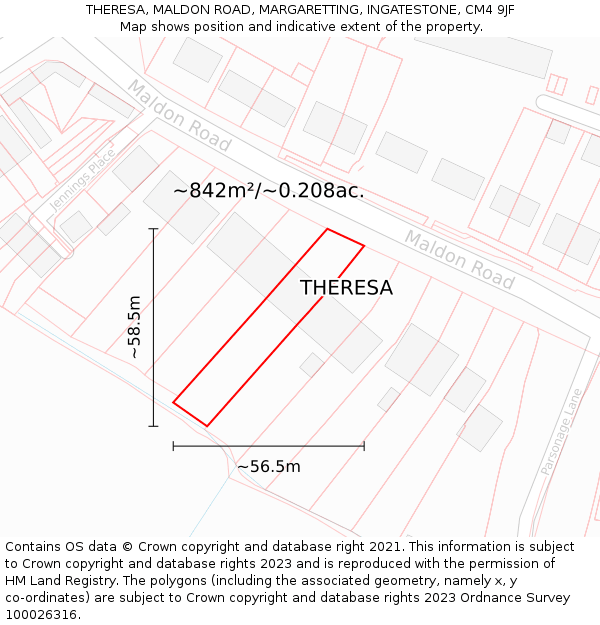 THERESA, MALDON ROAD, MARGARETTING, INGATESTONE, CM4 9JF: Plot and title map