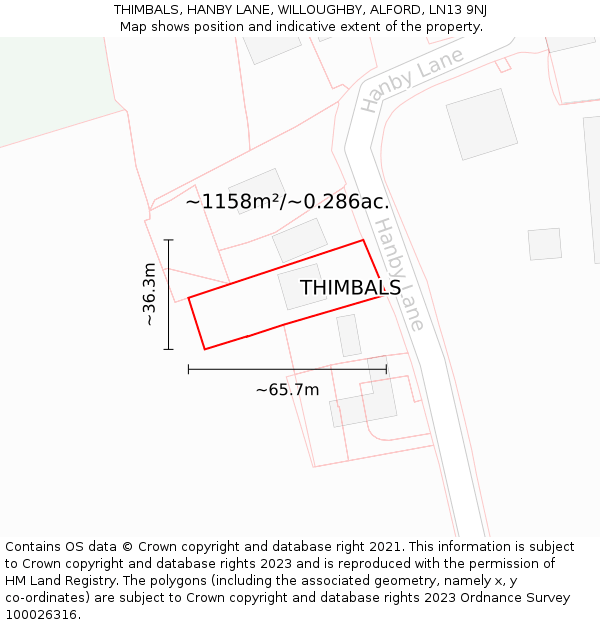 THIMBALS, HANBY LANE, WILLOUGHBY, ALFORD, LN13 9NJ: Plot and title map