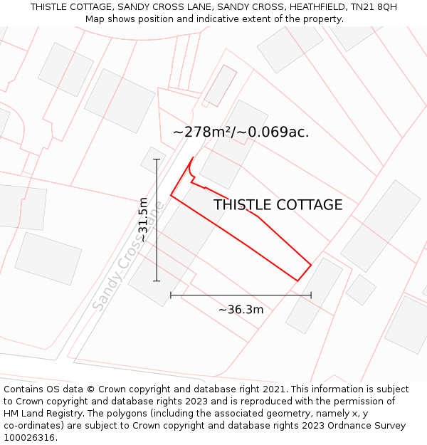 THISTLE COTTAGE, SANDY CROSS LANE, SANDY CROSS, HEATHFIELD, TN21 8QH: Plot and title map