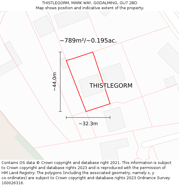 THISTLEGORM, MARK WAY, GODALMING, GU7 2BD: Plot and title map