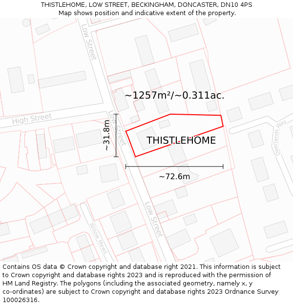 THISTLEHOME, LOW STREET, BECKINGHAM, DONCASTER, DN10 4PS: Plot and title map