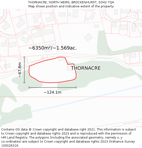 THORNACRE, NORTH WEIRS, BROCKENHURST, SO42 7QA: Plot and title map
