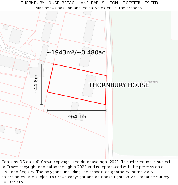 THORNBURY HOUSE, BREACH LANE, EARL SHILTON, LEICESTER, LE9 7FB: Plot and title map