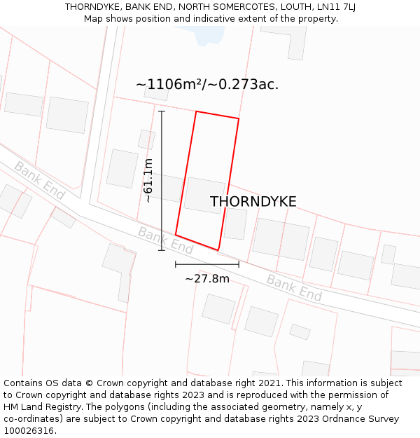 THORNDYKE, BANK END, NORTH SOMERCOTES, LOUTH, LN11 7LJ: Plot and title map