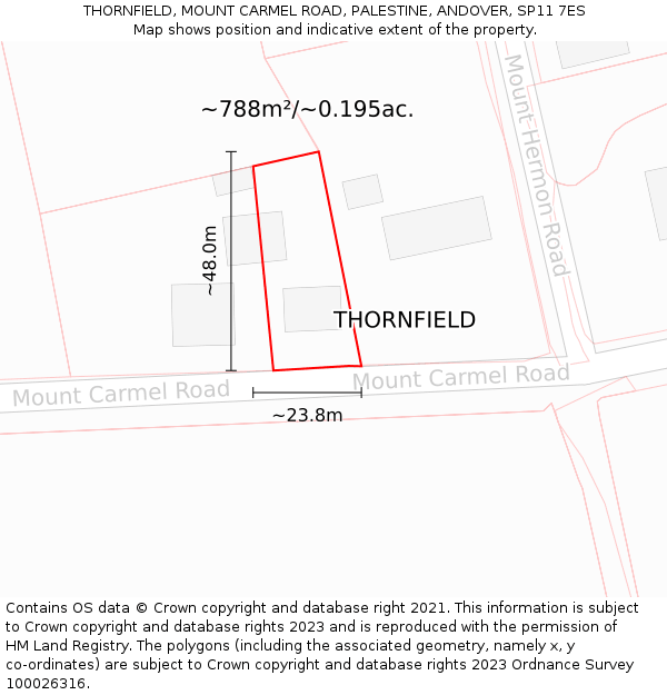 THORNFIELD, MOUNT CARMEL ROAD, PALESTINE, ANDOVER, SP11 7ES: Plot and title map