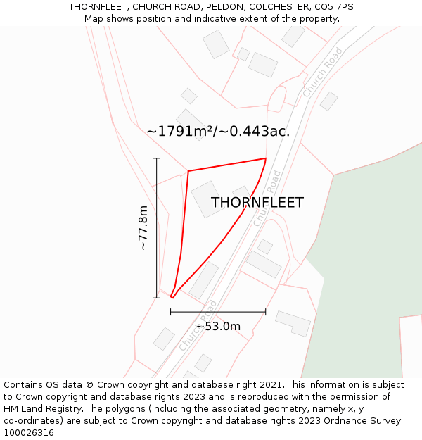 THORNFLEET, CHURCH ROAD, PELDON, COLCHESTER, CO5 7PS: Plot and title map