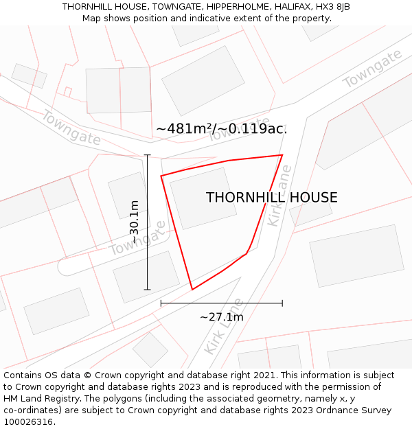 THORNHILL HOUSE, TOWNGATE, HIPPERHOLME, HALIFAX, HX3 8JB: Plot and title map