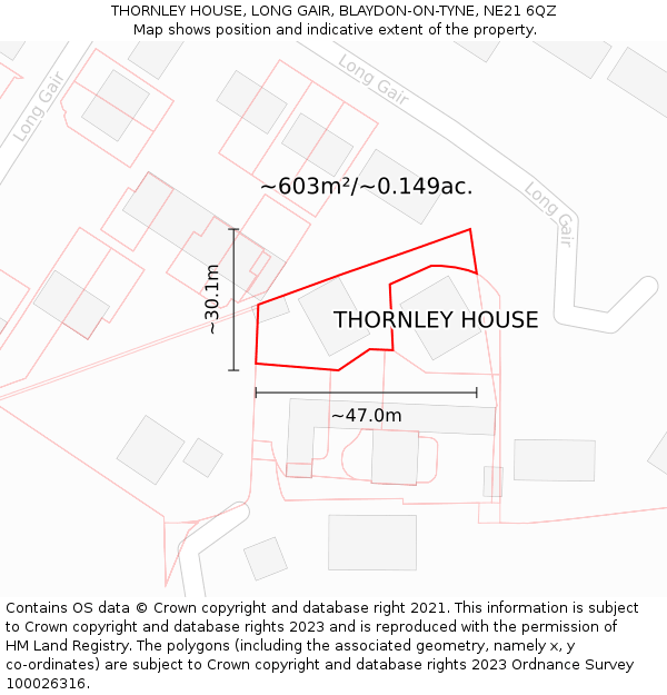 THORNLEY HOUSE, LONG GAIR, BLAYDON-ON-TYNE, NE21 6QZ: Plot and title map