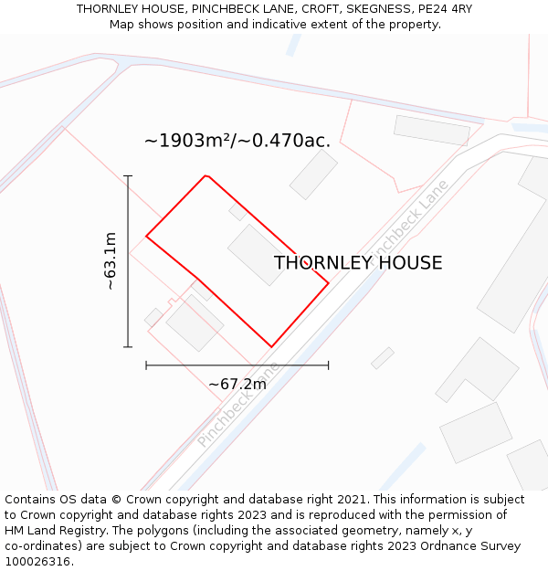 THORNLEY HOUSE, PINCHBECK LANE, CROFT, SKEGNESS, PE24 4RY: Plot and title map