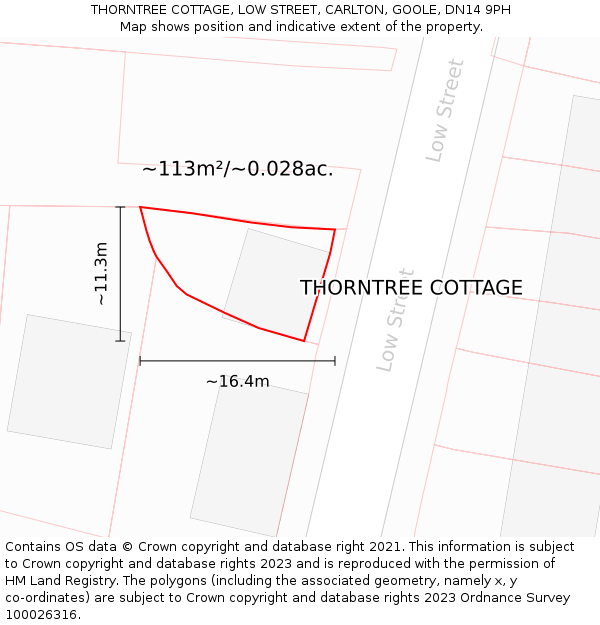 THORNTREE COTTAGE, LOW STREET, CARLTON, GOOLE, DN14 9PH: Plot and title map