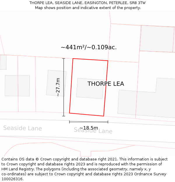 THORPE LEA, SEASIDE LANE, EASINGTON, PETERLEE, SR8 3TW: Plot and title map