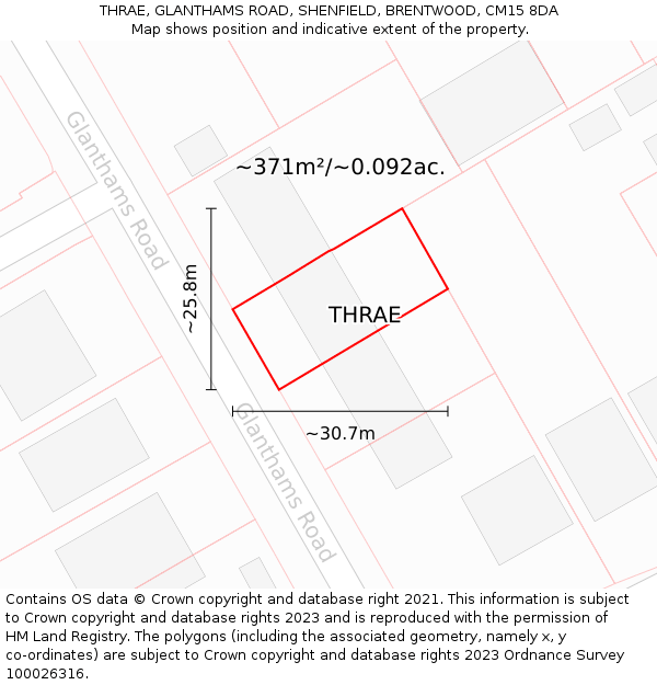 THRAE, GLANTHAMS ROAD, SHENFIELD, BRENTWOOD, CM15 8DA: Plot and title map