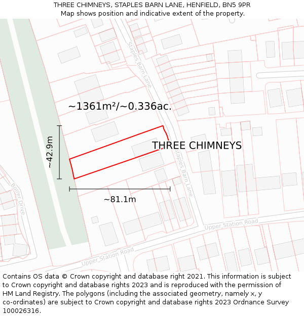 THREE CHIMNEYS, STAPLES BARN LANE, HENFIELD, BN5 9PR: Plot and title map