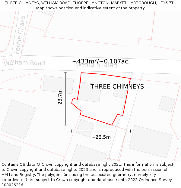 THREE CHIMNEYS, WELHAM ROAD, THORPE LANGTON, MARKET HARBOROUGH, LE16 7TU: Plot and title map