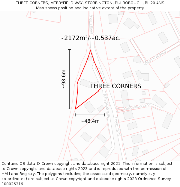 THREE CORNERS, MERRYFIELD WAY, STORRINGTON, PULBOROUGH, RH20 4NS: Plot and title map