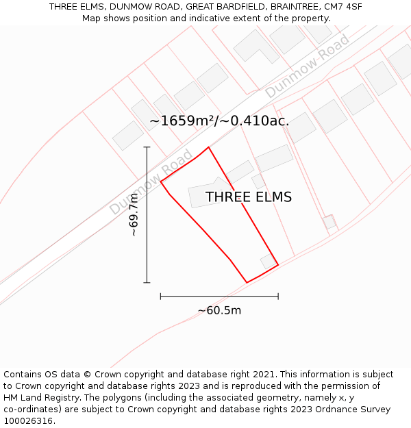 THREE ELMS, DUNMOW ROAD, GREAT BARDFIELD, BRAINTREE, CM7 4SF: Plot and title map