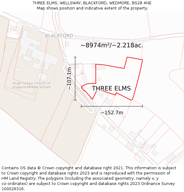 THREE ELMS, WELLSWAY, BLACKFORD, WEDMORE, BS28 4NE: Plot and title map