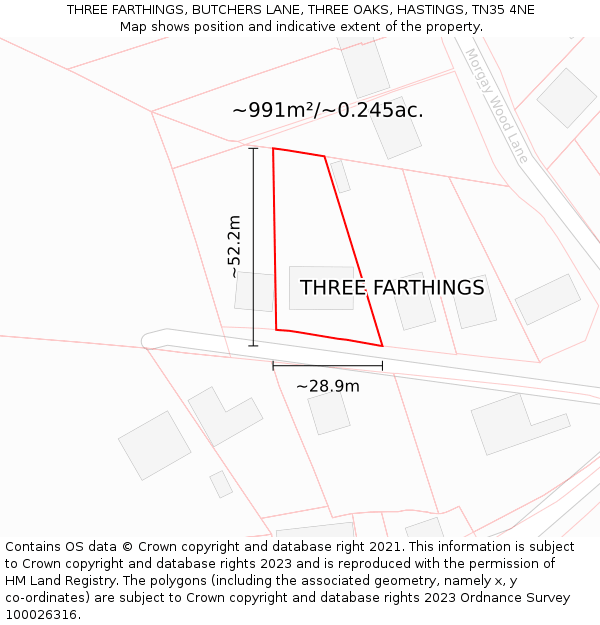 THREE FARTHINGS, BUTCHERS LANE, THREE OAKS, HASTINGS, TN35 4NE: Plot and title map