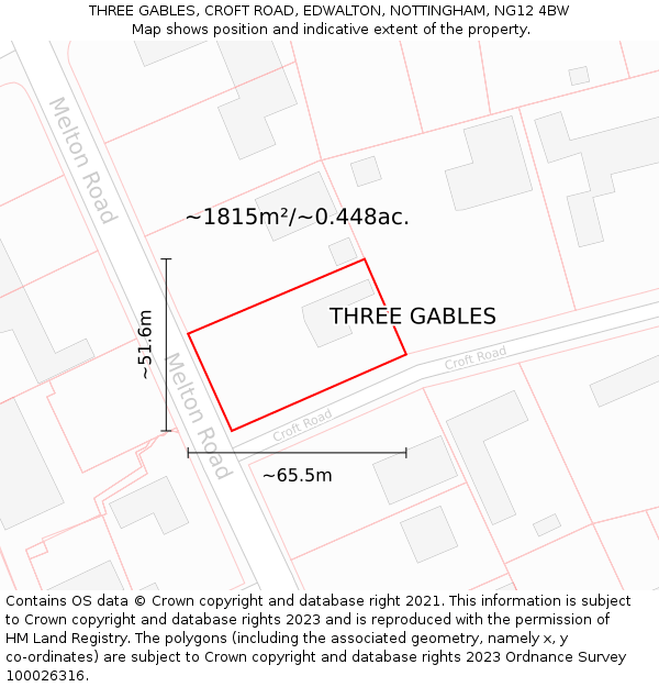 THREE GABLES, CROFT ROAD, EDWALTON, NOTTINGHAM, NG12 4BW: Plot and title map