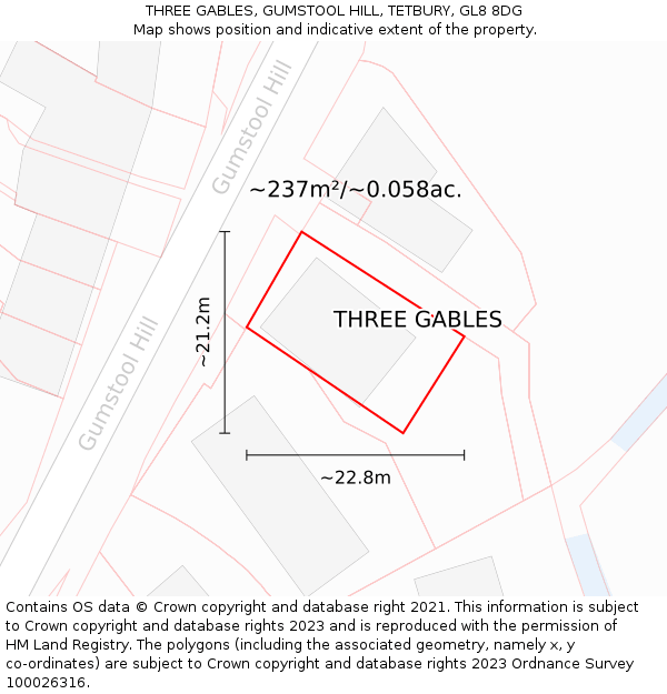 THREE GABLES, GUMSTOOL HILL, TETBURY, GL8 8DG: Plot and title map