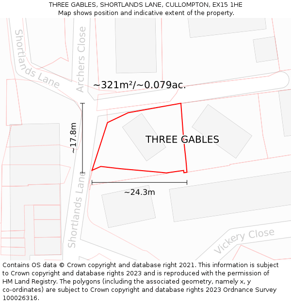 THREE GABLES, SHORTLANDS LANE, CULLOMPTON, EX15 1HE: Plot and title map