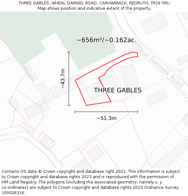 THREE GABLES, WHEAL DAMSEL ROAD, CARHARRACK, REDRUTH, TR16 5RU: Plot and title map