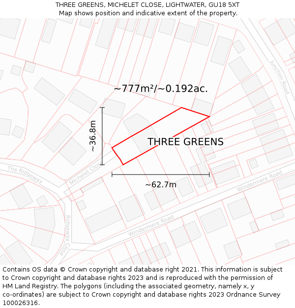 THREE GREENS, MICHELET CLOSE, LIGHTWATER, GU18 5XT: Plot and title map