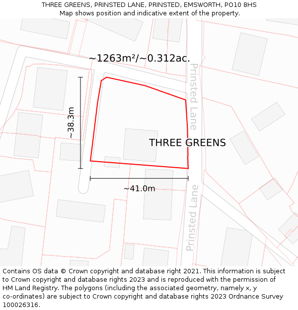 THREE GREENS, PRINSTED LANE, PRINSTED, EMSWORTH, PO10 8HS: Plot and title map