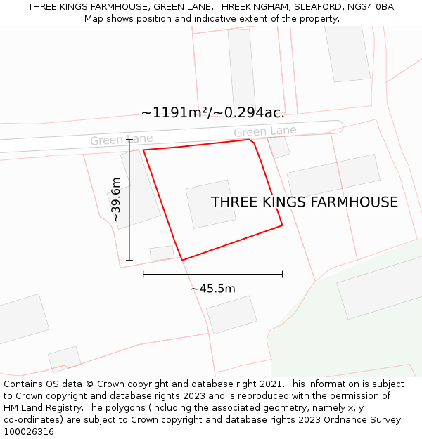 THREE KINGS FARMHOUSE, GREEN LANE, THREEKINGHAM, SLEAFORD, NG34 0BA: Plot and title map