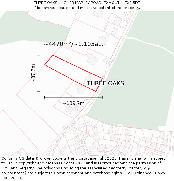 THREE OAKS, HIGHER MARLEY ROAD, EXMOUTH, EX8 5DT: Plot and title map
