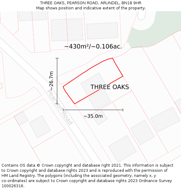 THREE OAKS, PEARSON ROAD, ARUNDEL, BN18 9HR: Plot and title map