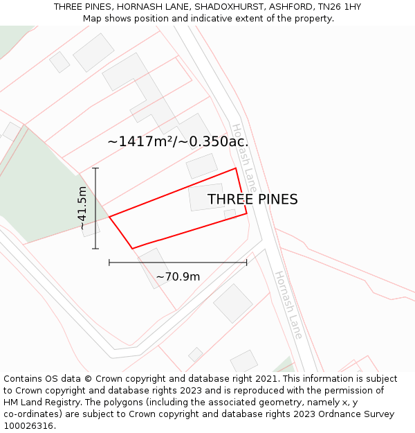 THREE PINES, HORNASH LANE, SHADOXHURST, ASHFORD, TN26 1HY: Plot and title map