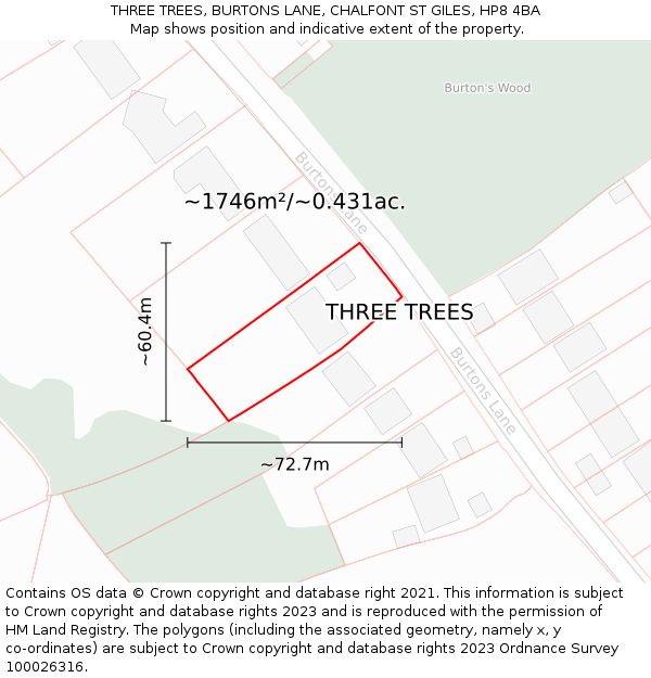 THREE TREES, BURTONS LANE, CHALFONT ST GILES, HP8 4BA: Plot and title map