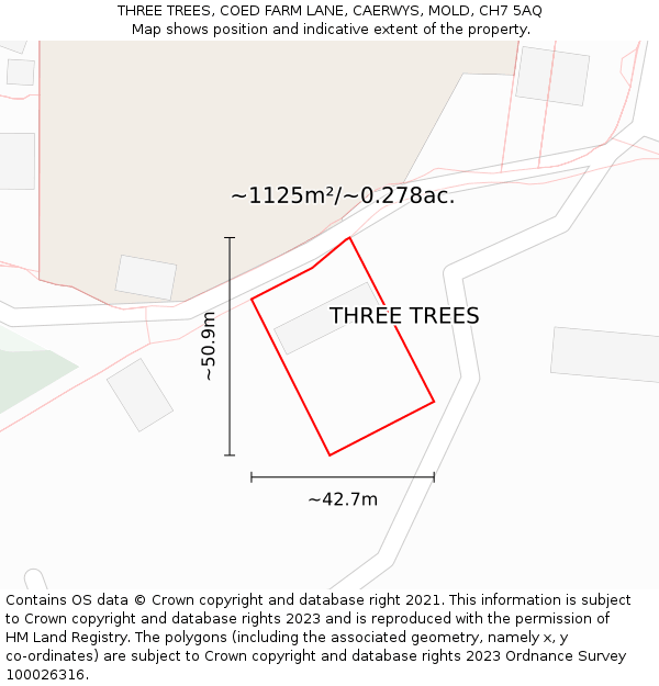 THREE TREES, COED FARM LANE, CAERWYS, MOLD, CH7 5AQ: Plot and title map