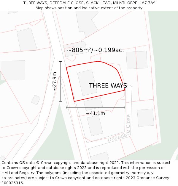 THREE WAYS, DEEPDALE CLOSE, SLACK HEAD, MILNTHORPE, LA7 7AY: Plot and title map