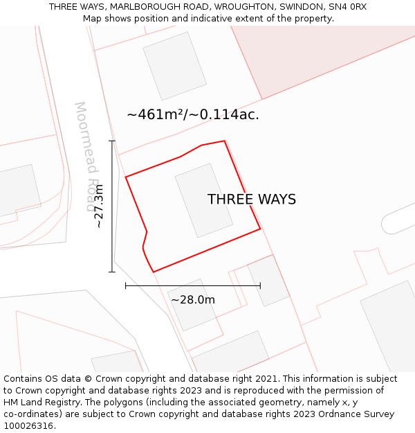 THREE WAYS, MARLBOROUGH ROAD, WROUGHTON, SWINDON, SN4 0RX: Plot and title map