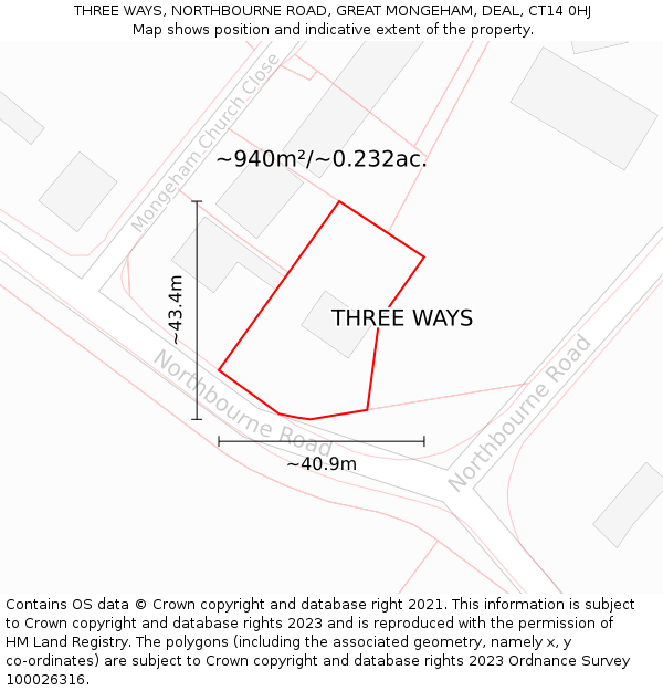 THREE WAYS, NORTHBOURNE ROAD, GREAT MONGEHAM, DEAL, CT14 0HJ: Plot and title map