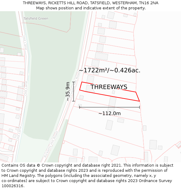 THREEWAYS, RICKETTS HILL ROAD, TATSFIELD, WESTERHAM, TN16 2NA: Plot and title map