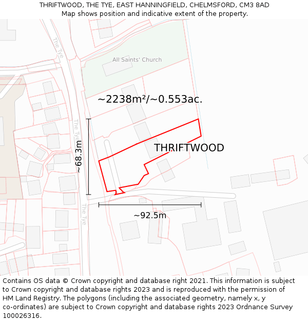 THRIFTWOOD, THE TYE, EAST HANNINGFIELD, CHELMSFORD, CM3 8AD: Plot and title map