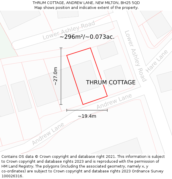 THRUM COTTAGE, ANDREW LANE, NEW MILTON, BH25 5QD: Plot and title map