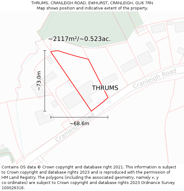 THRUMS, CRANLEIGH ROAD, EWHURST, CRANLEIGH, GU6 7RN: Plot and title map