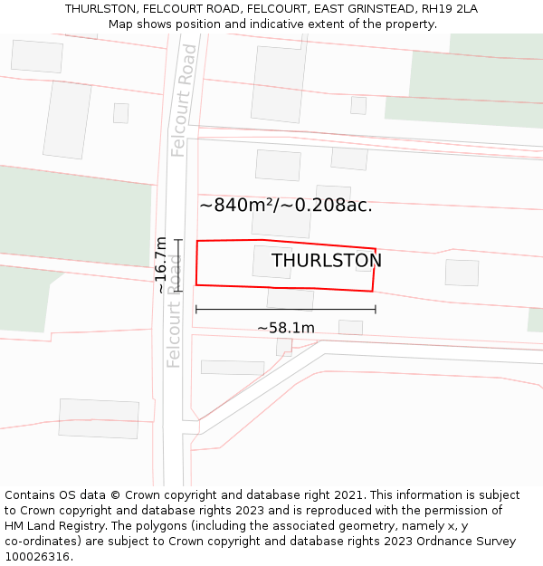 THURLSTON, FELCOURT ROAD, FELCOURT, EAST GRINSTEAD, RH19 2LA: Plot and title map