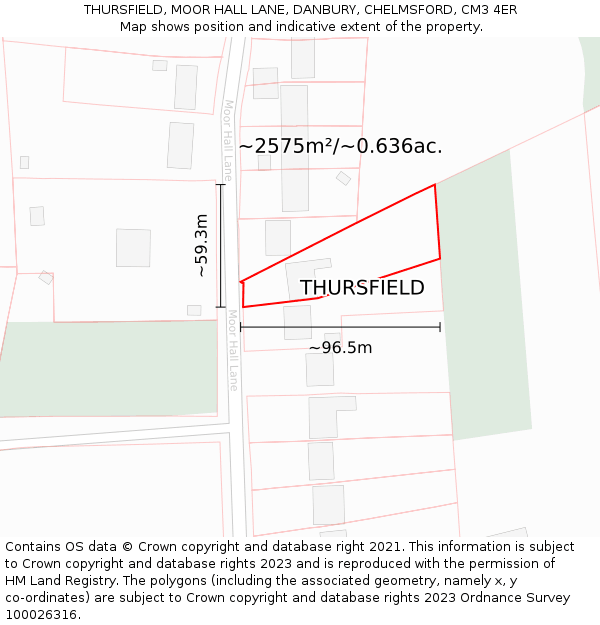 THURSFIELD, MOOR HALL LANE, DANBURY, CHELMSFORD, CM3 4ER: Plot and title map