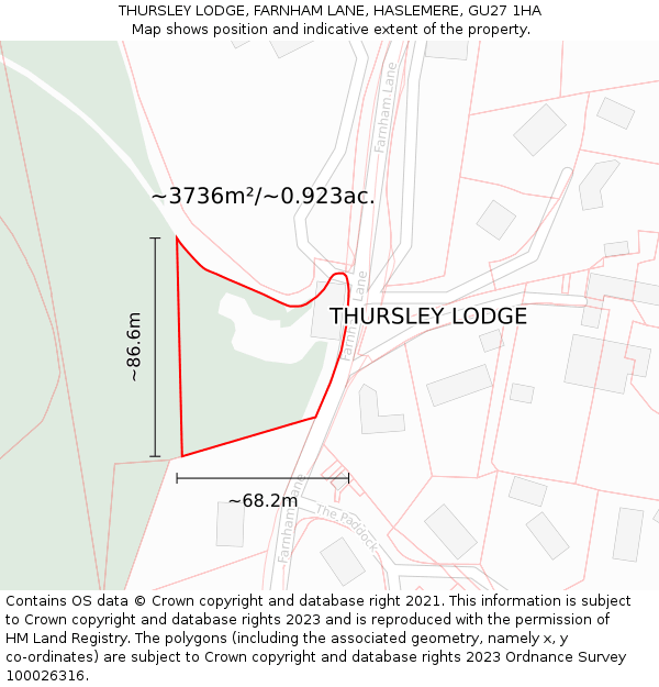 THURSLEY LODGE, FARNHAM LANE, HASLEMERE, GU27 1HA: Plot and title map