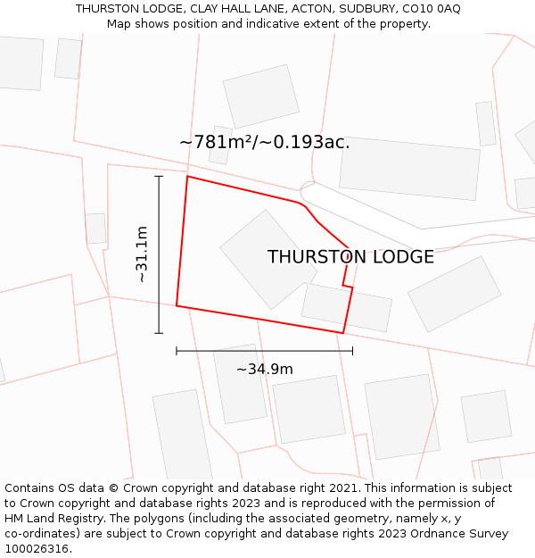 THURSTON LODGE, CLAY HALL LANE, ACTON, SUDBURY, CO10 0AQ: Plot and title map