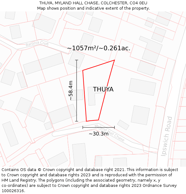 THUYA, MYLAND HALL CHASE, COLCHESTER, CO4 0EU: Plot and title map