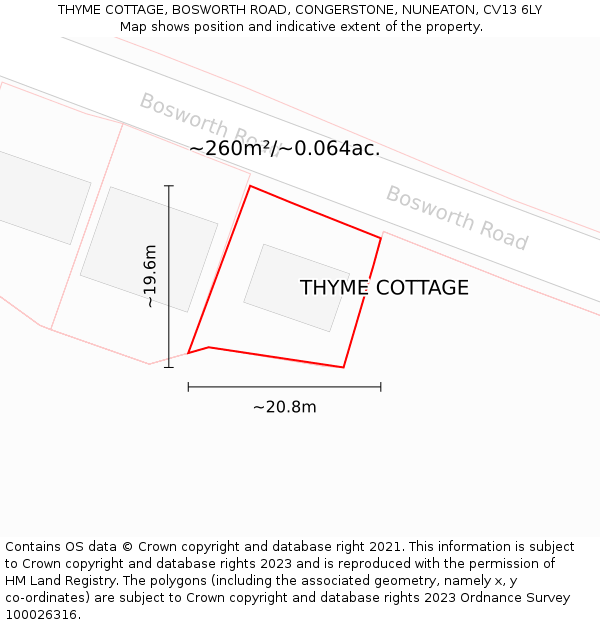 THYME COTTAGE, BOSWORTH ROAD, CONGERSTONE, NUNEATON, CV13 6LY: Plot and title map