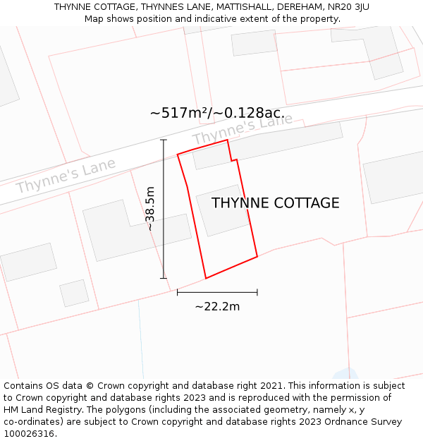 THYNNE COTTAGE, THYNNES LANE, MATTISHALL, DEREHAM, NR20 3JU: Plot and title map