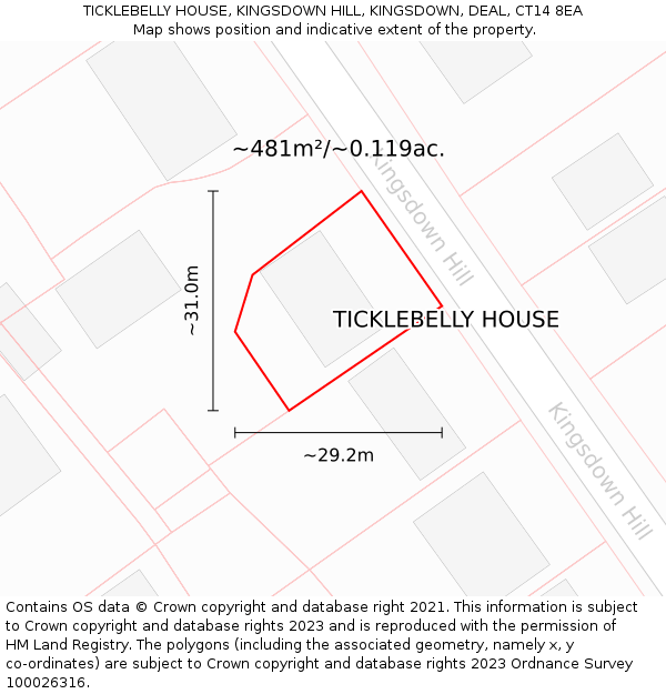 TICKLEBELLY HOUSE, KINGSDOWN HILL, KINGSDOWN, DEAL, CT14 8EA: Plot and title map