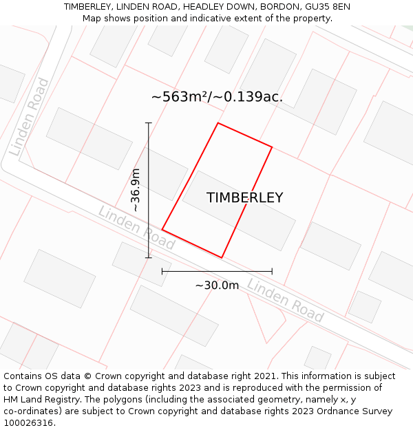 TIMBERLEY, LINDEN ROAD, HEADLEY DOWN, BORDON, GU35 8EN: Plot and title map